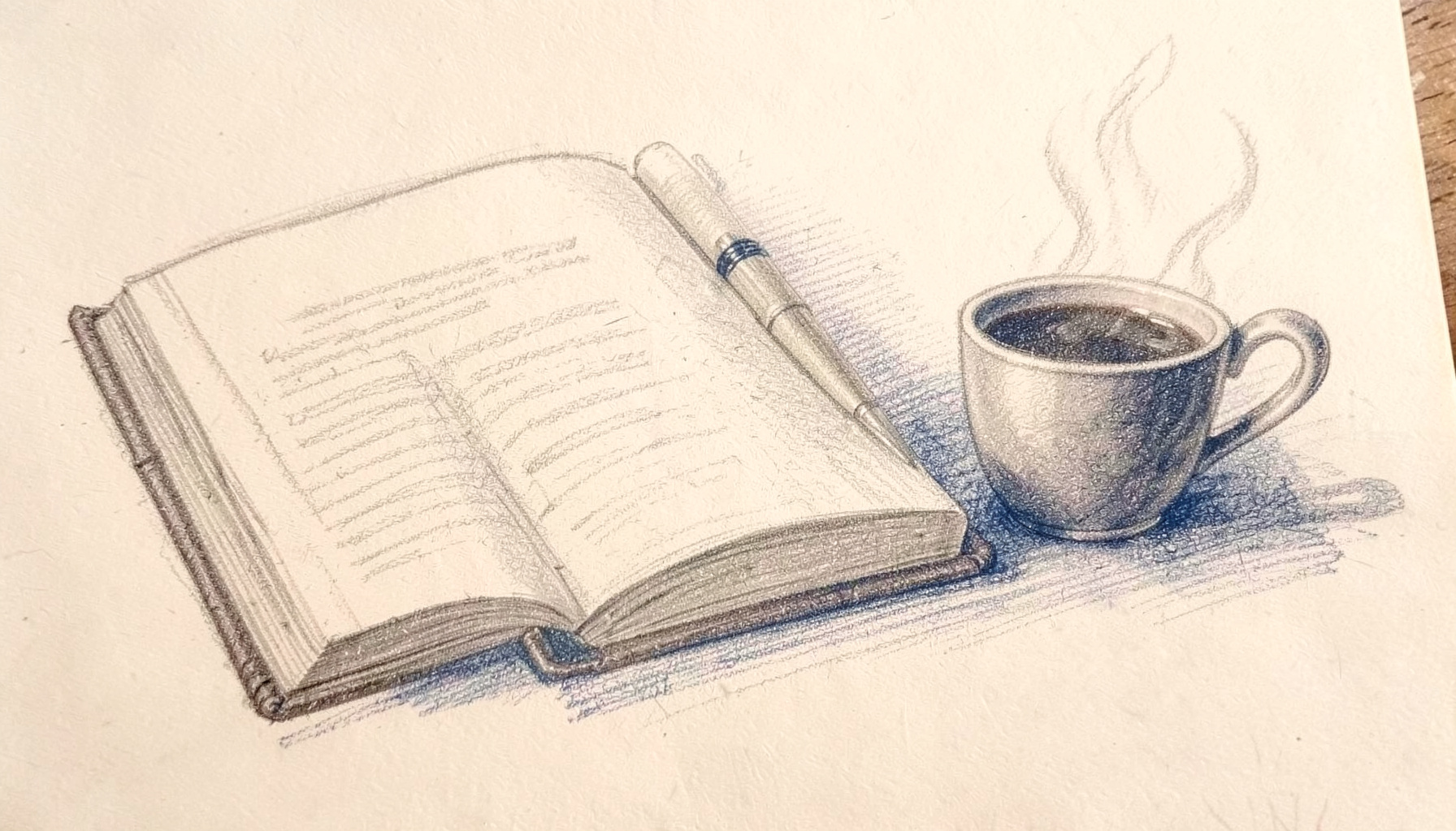Graphite pencil sketch of an open journal beside a fountain pen and a steaming coffee cup, soft cross-hatched shading, warm grays and muted cream tones